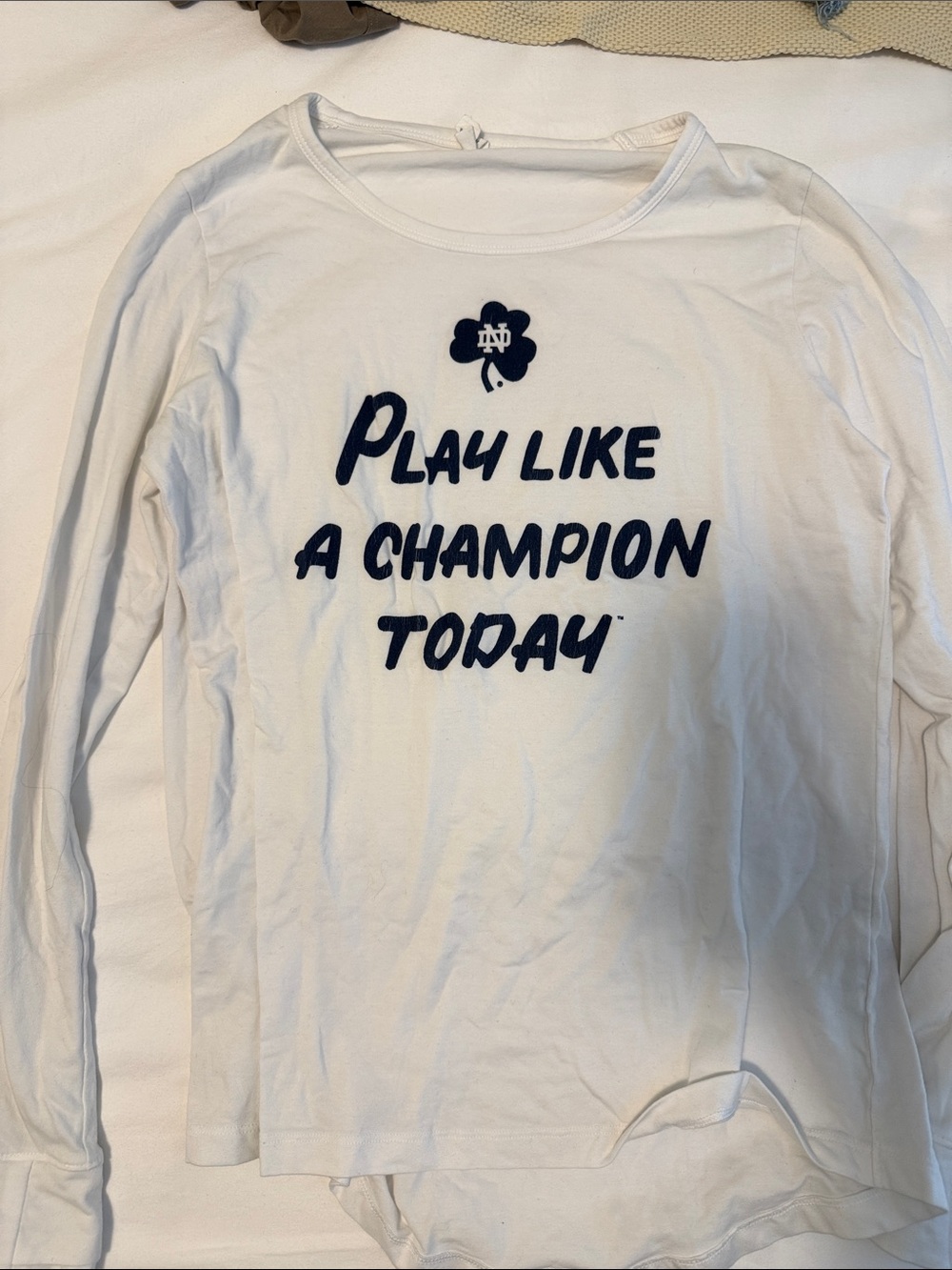 Champion White Long-Sleeve Tee with Navy 'Play Like a Champion' Graphic